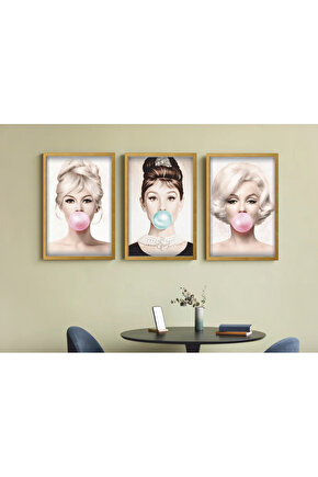 3 parça çerçeve görünümlü mdf tablo seti myrlin monroe audrey hepburn nostaljik sinema