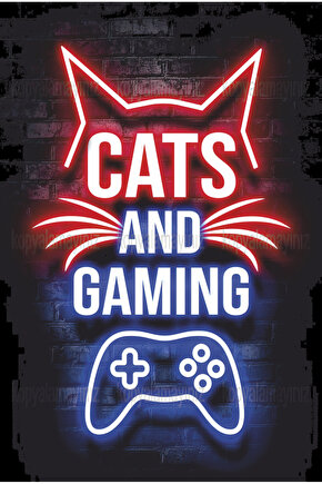 kediler ve oyun gamer oyuncu ps pc mobil oyun ev dekorasyon tablo retro ahşap poster