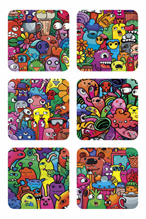 sevimli canavar yaratıklar eğlenceli pop art 6lı ahşap bardak altlığı seti