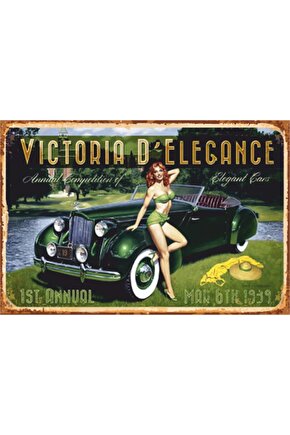 Pin Up Kızı Klasik Araba Üzerinde Retro Ahşap Poster