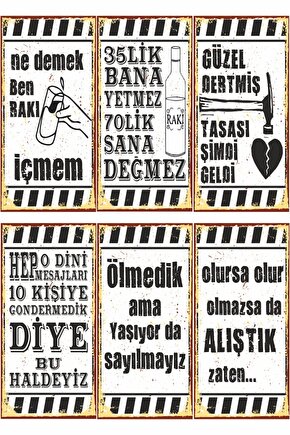Yaşıyor Sayılmayız Eğlenceli Komik Atarlı Duvar Yazıları 6lı Mini Retro Ahşap Poster Seti