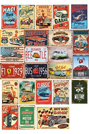Klasik Arabalar Retro Vintage Klasik Araba Kolaj Seti - 24 Adet - Kuşe Kağıt Kaplamalı Poster Seti