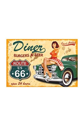 Route 66 Klasik Arabaretro Vintage Ahşap Poster