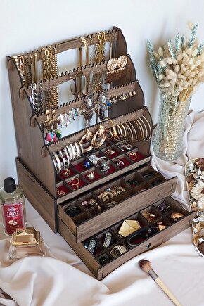 Diamond Large Organizer Kozmetik Makyaj Kolye Küpe Yüzük Takı Kutusu Düzenleyici Ceviz