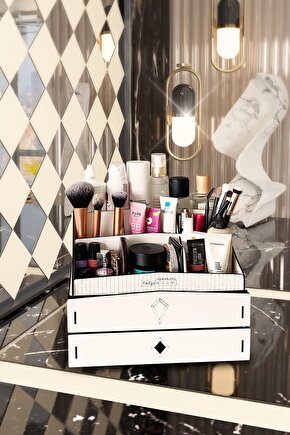 Bella Large 2 Katlı 2 Çekmeceli Ahşap Makyaj Takı Banyo Kozmetik Düzenleyici Organizer Beyaz