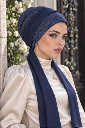 Lacivert Gold Işıltılı Atkılı Bone