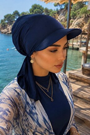 Lacivert Kepli Deniz  Havuz Kullanımına Uygun Bağcıklı Eşarp Bone