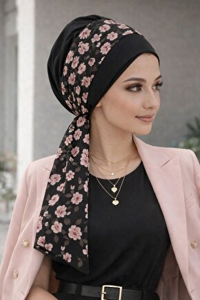 Siyah Pudra Çiçek Desen Fularlı Bone