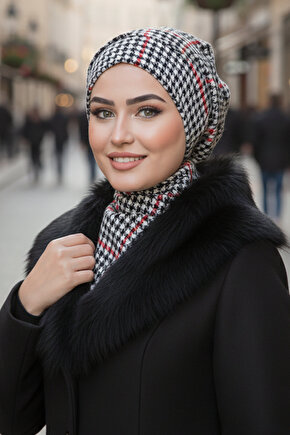 Kırmızı Siyah Kazayağı Tesettür Bere ve Etol Takım