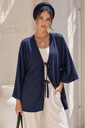 Lacivert Önü Bağlamalı Kimono Tunik Likralı Yazlık Kumaş