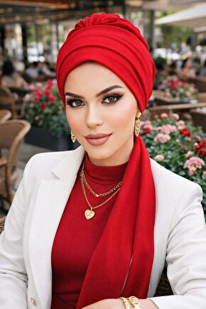 Kırmızı Atkılı Tesettür Bone