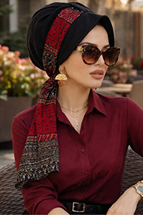 Siyah Bordo Etnik Desen Şapkalı Bone