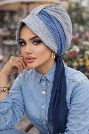 Gri Lacivert Batik Desen Batik Şapkalı Bone
