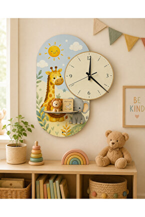 Dekoratif Raflı Sessiz Duvar Saati 37,5 × 50 cm – Çift Kat MDF Sevimli Safari Tasarım