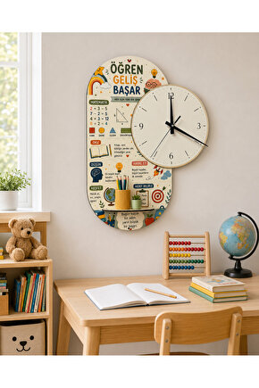 Dekoratif Raflı Sessiz Duvar Saati 37,5 × 50 cm – Çift Kat MDF Eğitici Motivasyon Temalı Tasarım
