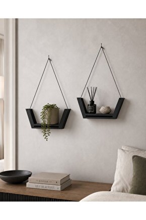 2’li Askılı Dekoratif Duvar Rafı 27x20x15 cm | Modern İpli Duvar Rafı | Beyaz & Siyah Renk Seçeneği