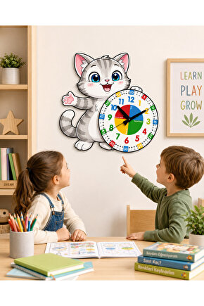 Sevimli Kedi Montessori Çocuk Odası Eğitici Ahşap Duvar Saati - Sessiz Mekanizma, Şık Tasarım Saat
