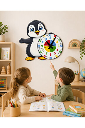 Sevimli Penguen Montessori Çocuk Odası Eğitici Ahşap Duvar Saati - Sessiz Mekanizma, Şık Tasarım Saat
