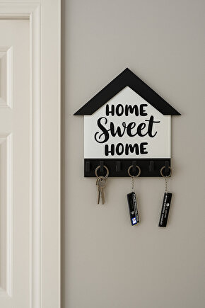Home Sweet Home Yazılı MDF Anahtarlık Askısı Çift Taraflı Bant Vida Aparatlı Dekoratif Duvar Süsü