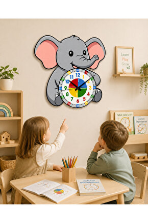 Montessori Eğitici Fil Temalı Çocuk Duvar Saati | Renkli Ahşap Saat + UV Baskı