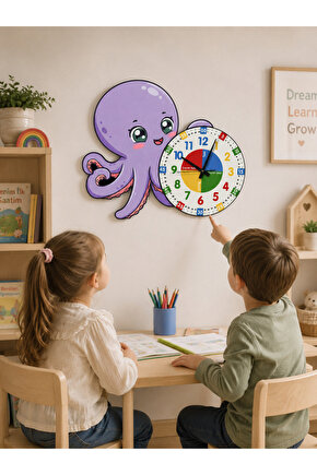 Montessori Eğitici Ahtapot Temalı Renkli Çocuk Duvar Saati | Ahşap Malzeme + UV Baskı