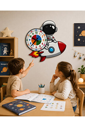 Sevimli Astronot Montessori Çocuk Odası Eğitici Ahşap Duvar Saati - Sessiz Mekanizma, Şık Tasarım