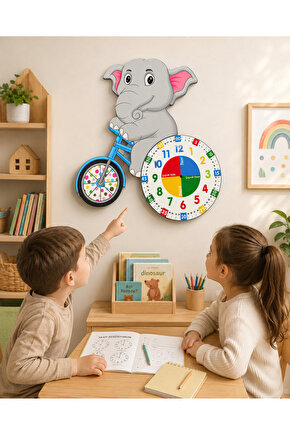 Sevimli Fil Betty Bisiklet Sürüyor Montessori Çocuk Odası Eğitici Ahşap Duvar Saati - Sessiz, Şık