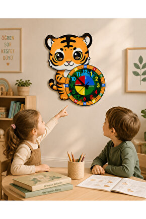 Sevimli Kaplan Tiger Montessori Çocuk Odası Eğitici Ahşap Duvar Saati - Sessiz, Şık Tasarım