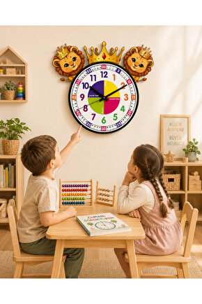 Sevimli Aslan Kral Montessori Çocuk Odası Eğitici Ahşap Duvar Saati - Sessiz Mekanizma, Şık Tasarım