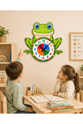 Sevimli Küçük Kurbağa Montessori Çocuk Odası Eğitici Ahşap Duvar Saati - Sessiz Mekanizma, Şık
