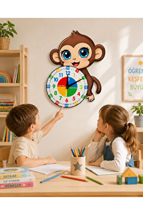 Sevimli Munki Maymun Montessori Çocuk Odası Eğitici Ahşap Duvar Saati - Sessiz Mekanizma, Şık