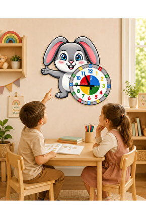 Sevimli Bunny Tavşan Montessori Çocuk Odası Eğitici Ahşap Duvar Saati - Sessiz Mekanizma, Şık