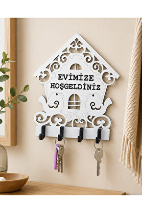 Evimize Hoşgeldiniz Kuş Ev Temalı Ahşap Anahtarlık Askısı 20 X 19 Cm