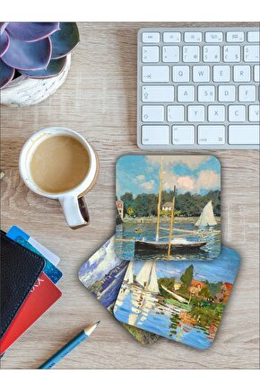 Claude Monet Temalı Ahşap Bardak Altlığı Ahşap Baskılı Altlık 6lı Set (9 X9CM)