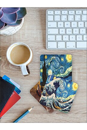 Van Gogh Temalı Ahşap Bardak Altlığı Ahşap Baskılı Altlık 6lı Set (9 X9CM)