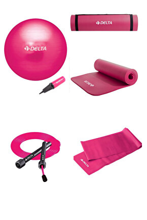 Fuşya Full Pilates Seti (55cm Top Top Pompası)10MM Mat Atlama İpi ve Orta Direnç Lastik