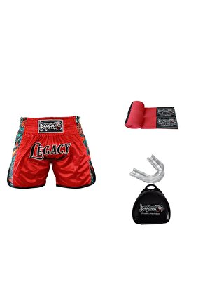 Dragon KB356 Legacy Kick Boks Şortu Muaythai Şortu 3,5 Mt Kırmızı Bandaj ve Dişlik 3 lü Set