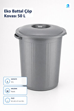 Eko Battal Çöp Kovası 50 L Plastik 45 x 42 x 51 cm