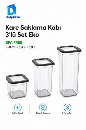 Kare Saklama Kabı 3lü Set Siyah 650-1300-1900 ml