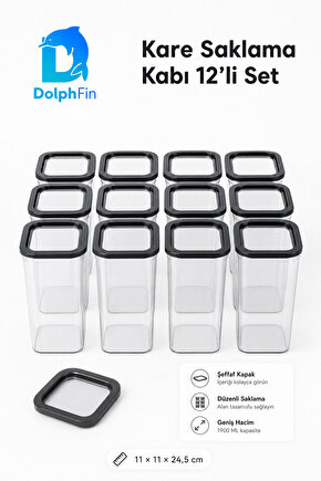 Kare Saklama Kabı 12li Set Siyah 1900 ml 11 × 11 × 24,5 cm