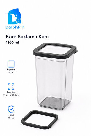 Kare Saklama Kabı 1300 ml Siyah 11 × 11 × 16,5 cm