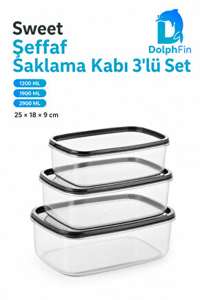 Sweet Şeffaf Saklama Kabı 3lü Set Siyah 25 × 18 × 9 cm