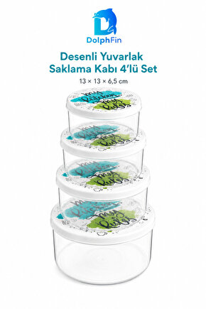 Desenli Yuvarlak Saklama Kabı 4lü Set Siyah 13 × 13 × 6,5 cm