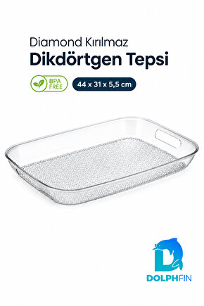 Diamond Kırılmaz Dikdörtgen Servis Tepsisi 44x31 cm Kulplu Şeffaf BPA İçermez