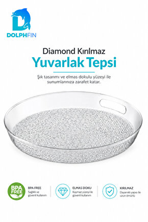 Diamond Kırılmaz Yuvarlak Servis Tepsisi 39 cm Kulplu Kaymaz Şeffaf BPA İçermez