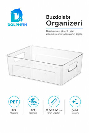 Şeffaf PET Buzdolabı Organizeri Büyük Kulplu Düzenleyici Kutu 29,5x20,5x9 cm