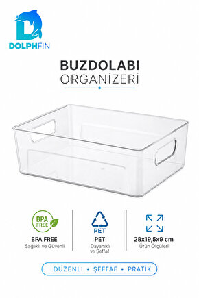 Şeffaf PET Buzdolabı Organizeri Geniş Kulplu Düzenleyici Kutu 28x19,5x9 cm