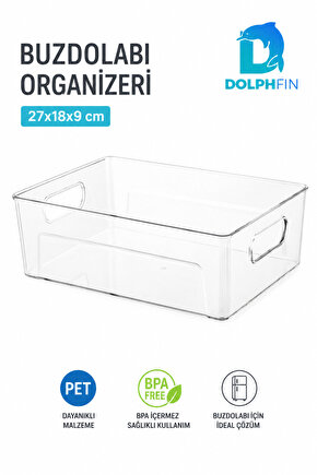 Şeffaf PET Buzdolabı Organizeri Geniş Kulplu Düzenleyici Kutu 27x18x9 cm