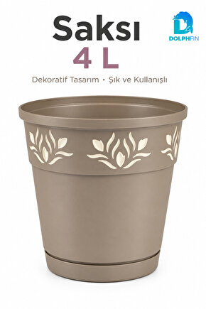 4 Litre Dekoratif Alt Tabaklı Plastik Saksı 20x20x20 cm Çiçek Motifli Karışık Renk