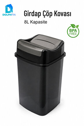 Girdap 8 Litre Sallanır Kapaklı Çöp Kovası Mutfak Banyo Ofis Siyah Füme